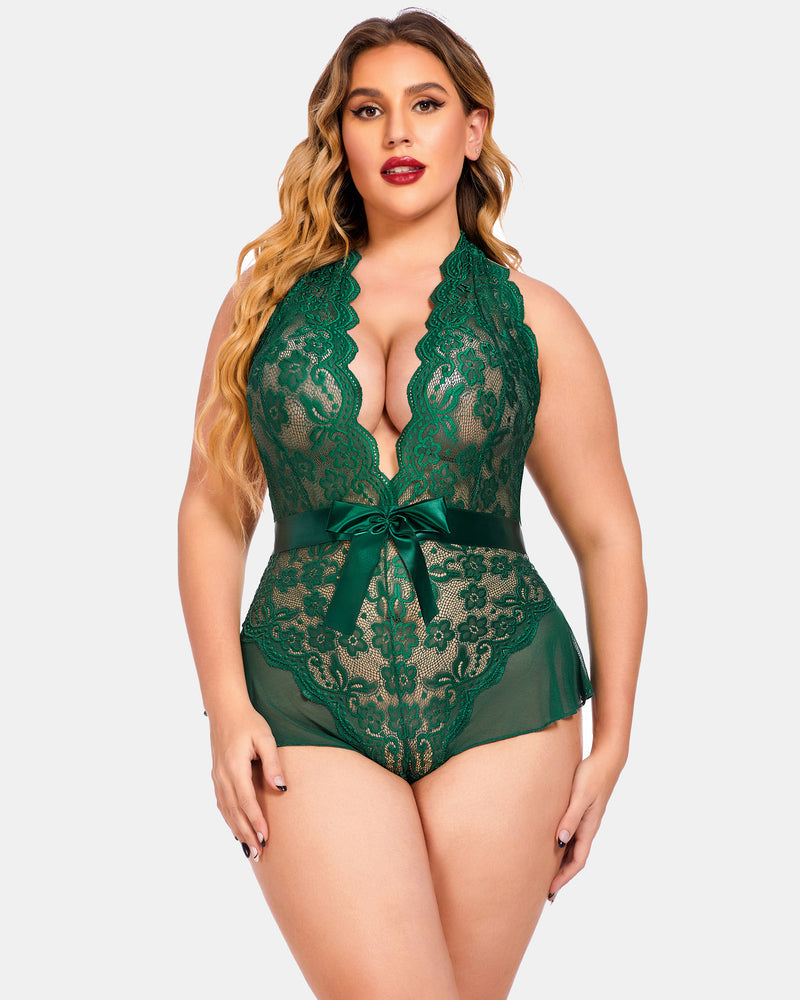 Plus size halter lace bodysuit in emerald green with satin bow at waist