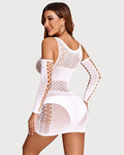 White mesh mini dress, back view with oval cutouts and long fishnet sleeves