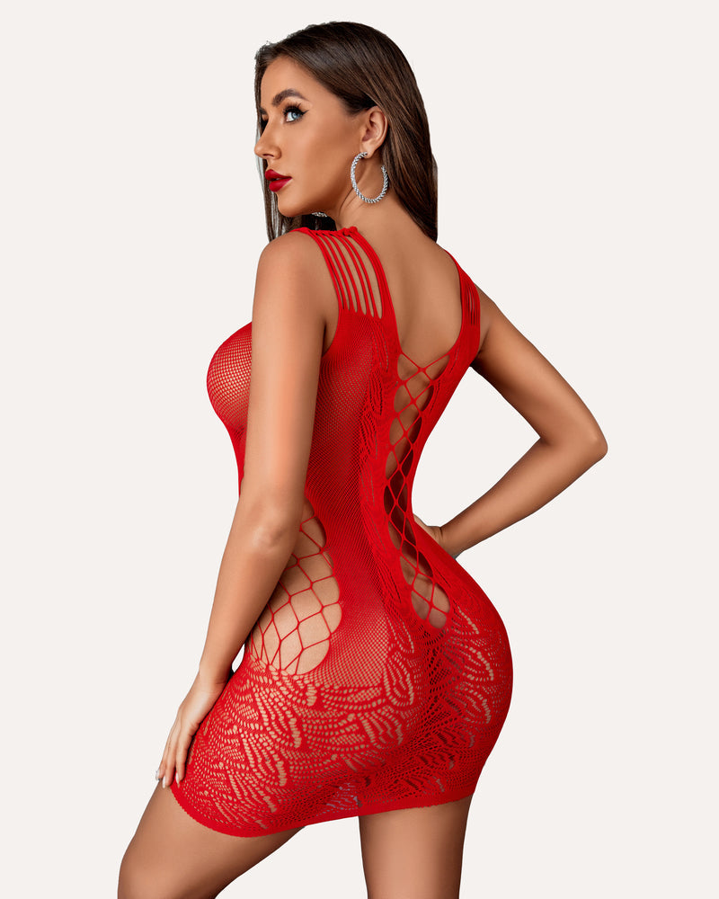 Red fishnet bodycon mini dress with crisscross lace-up back