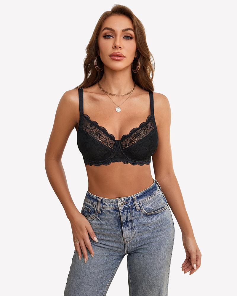 Black lace underwire bra with scalloped cups and adjustable straps