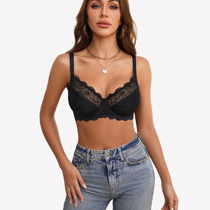 Black lace underwire bra with scalloped cups and adjustable straps