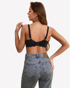 Black lace underwire bra back view with adjustable straps and hook closure