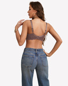 Taupe lace underwire bra back view with adjustable straps and hook closure