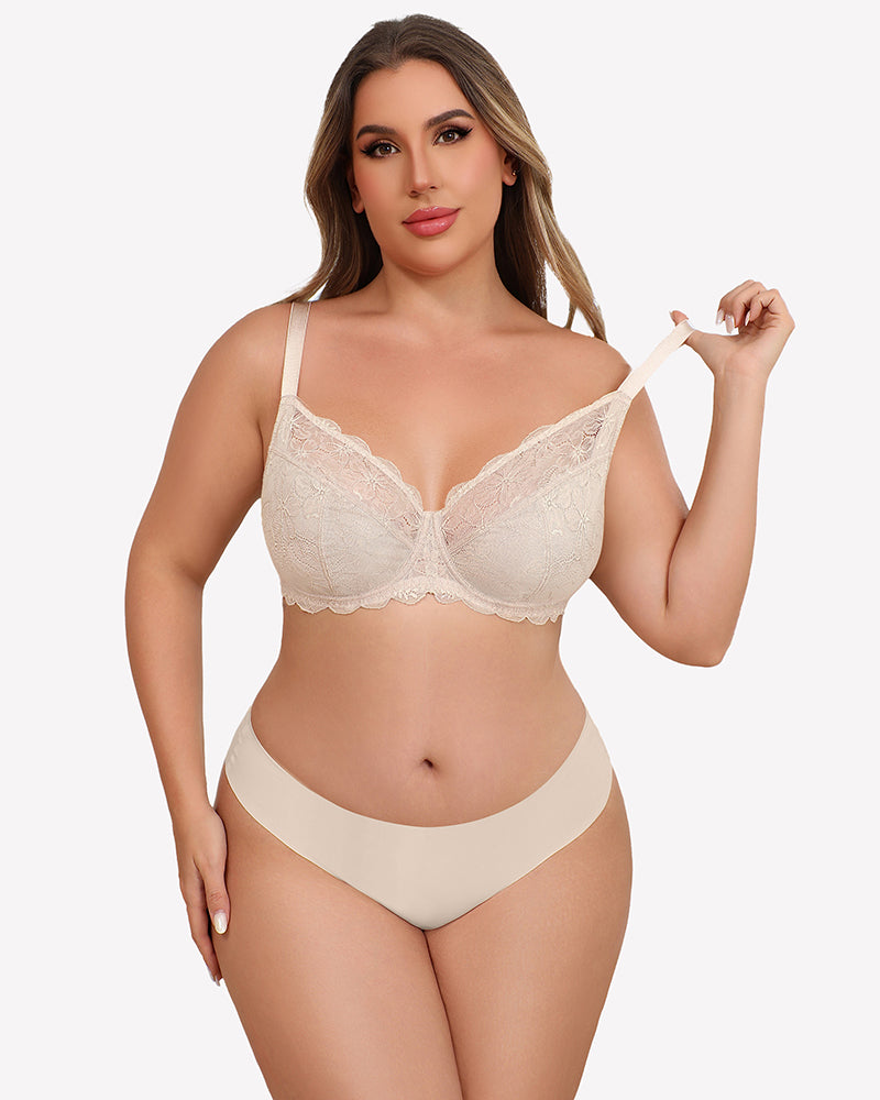 White lace underwire bra with scalloped cups and adjustable straps