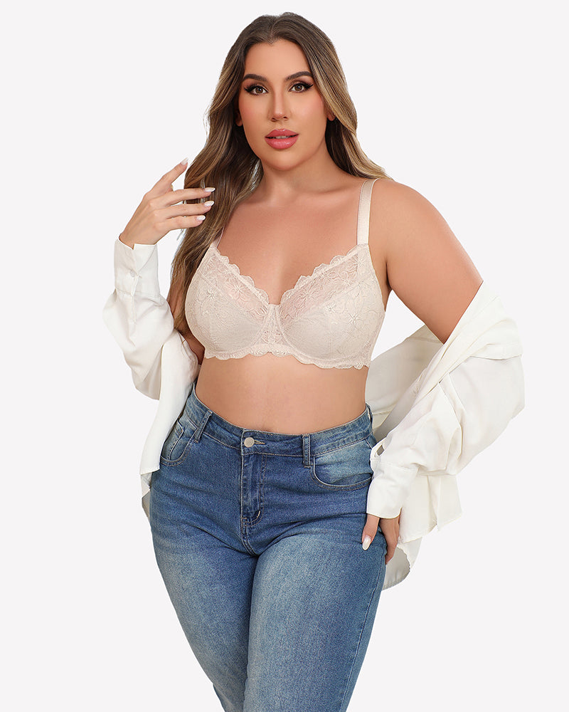 White lace underwire bra with balconette cups and adjustable straps