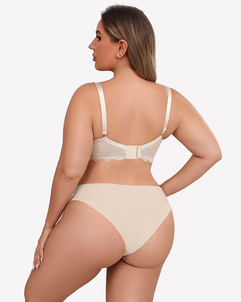 Beige lace underwire bra back view with adjustable straps and hook closure