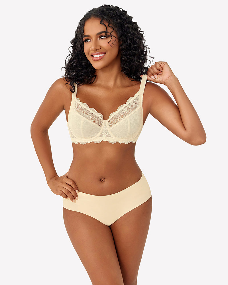 Cream lace underwire bra with underwire cups and adjustable straps