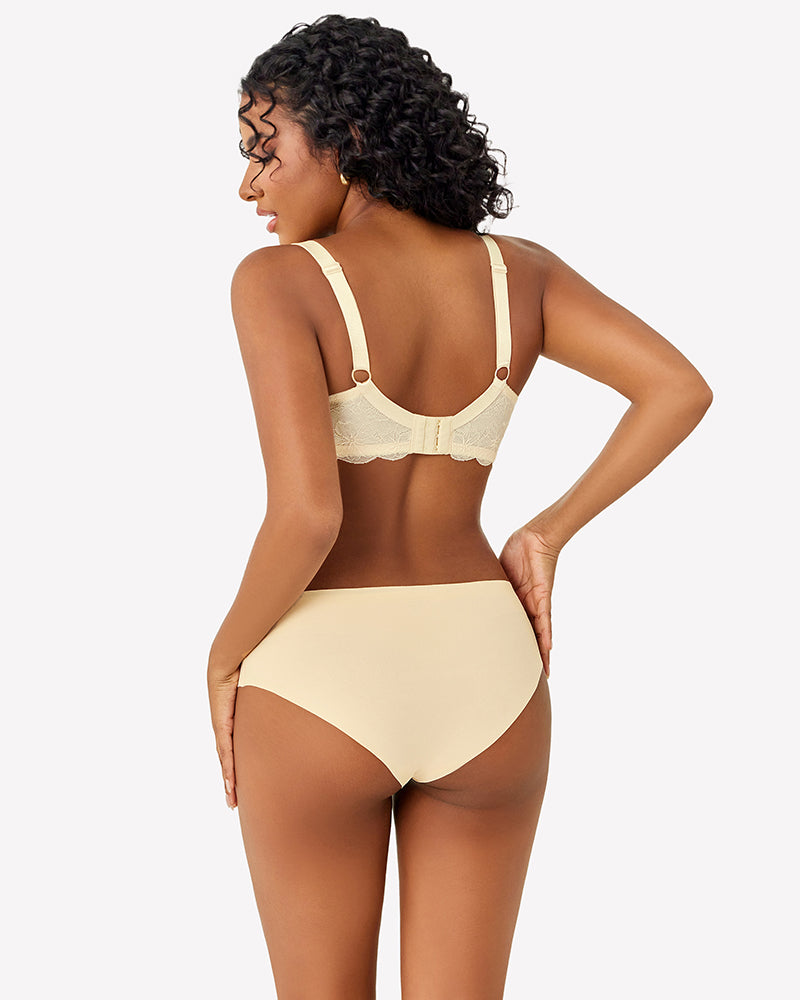 Cream lace underwire bra back view with adjustable straps and hook closure