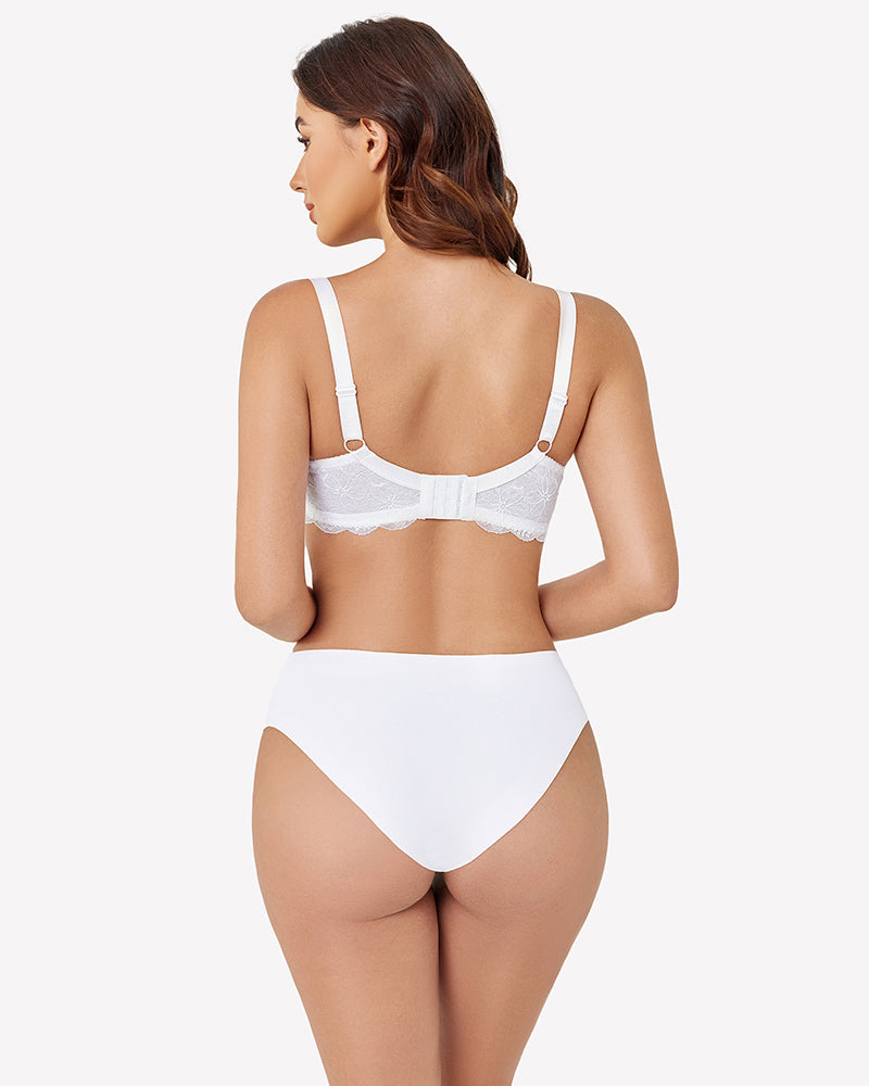 White lace underwire bra, back view with adjustable straps
