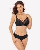 Black lace mesh full-coverage bra with lace cups and mesh side panels
