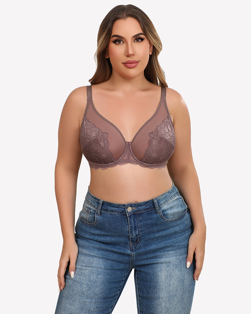 Taupe lace mesh full-coverage bra with underwire and floral lace cups