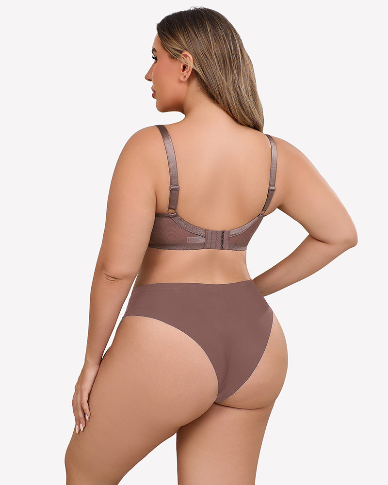 Taupe lace mesh full-coverage bra back with adjustable straps and underwire cups