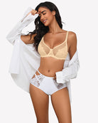 Bisque lace mesh full-coverage bra with underwire and scalloped floral lace cups