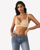 Sand beige lace mesh full-coverage bra with underwire and scalloped floral lace cups