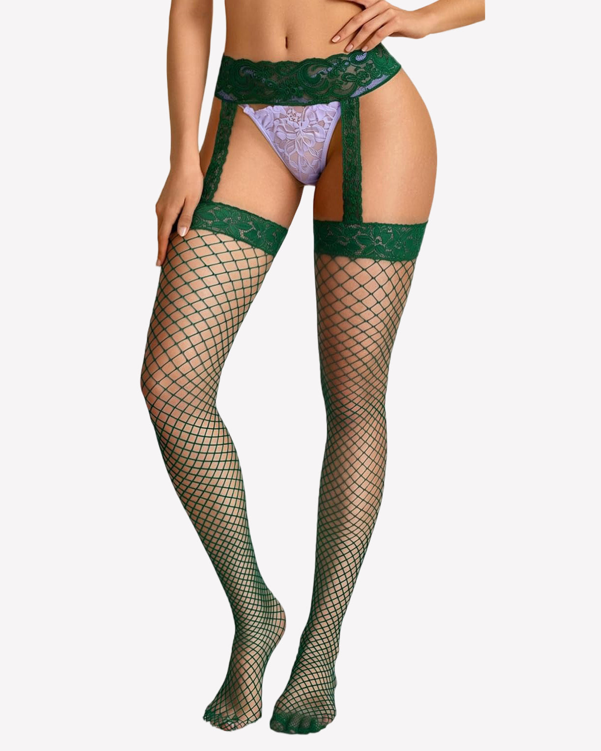 Green lace garter thigh-high fishnet stockings with scalloped lace trim