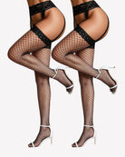 Black lace garter thigh-high fishnet stockings with wide lace top and garter straps