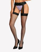 Black lace garter thigh-high fishnet stockings with lace waistband and purple lace panel