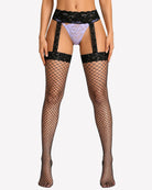 Black fishnet thigh-high stockings with lace garter trim and open top panel