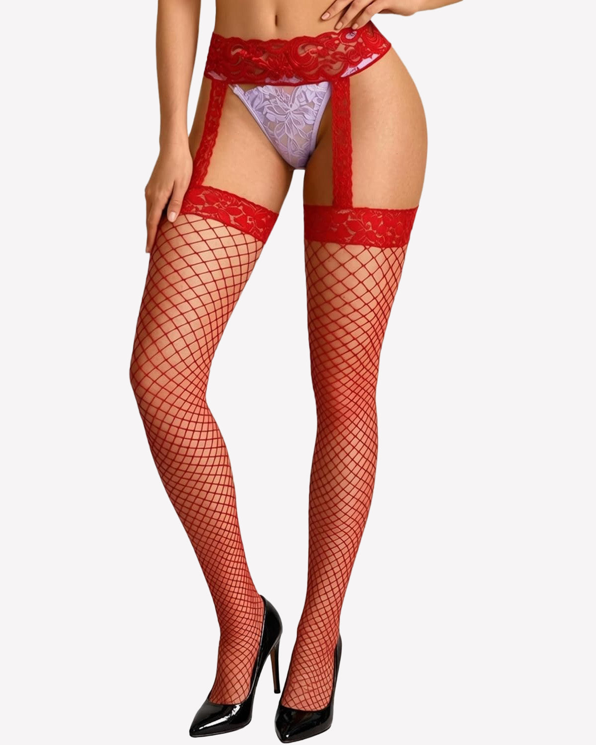 Red fishnet thigh-high stockings with red lace garter trim and open top band