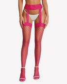 Fuchsia fishnet thigh-high stockings with pink lace garter trim and open top panel