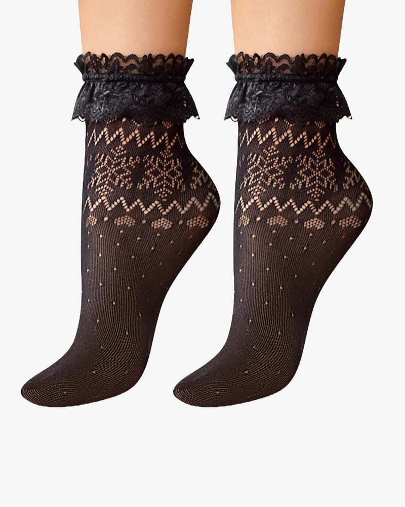 Dark sheer ankle socks with lace ruffle cuff and diamond knit design