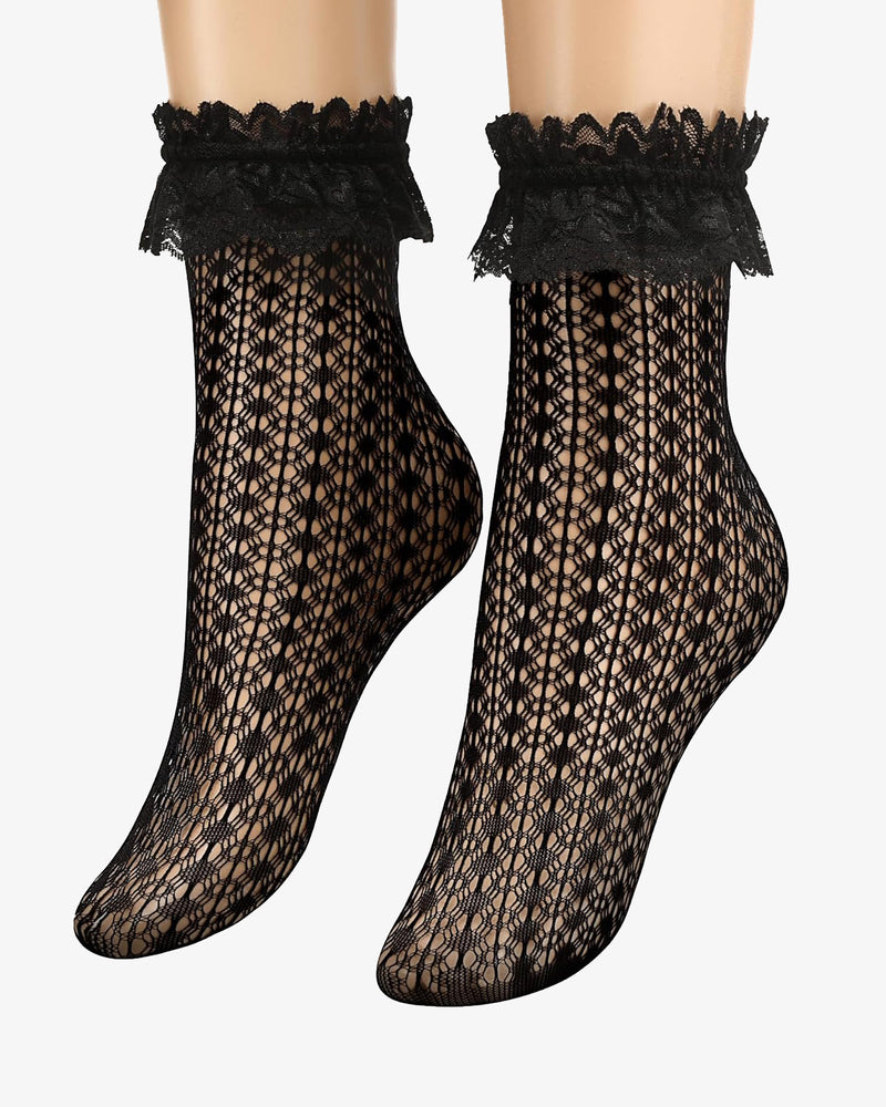 Black sheer lace ankle socks with ruffle top and geometric lattice pattern