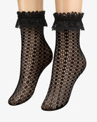 Black sheer lace ankle socks with ruffle top and geometric lattice pattern