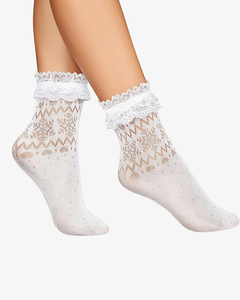 White lace ruffle ankle socks, sheer knit with dotted diamond pattern