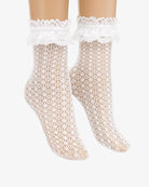 White lace ankle socks, sheer diamond lace pattern with ruffle cuff