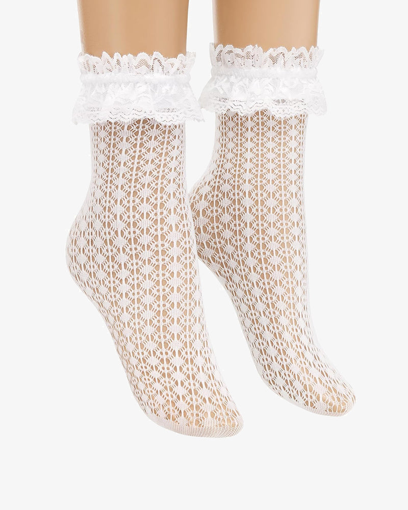 White lace ankle socks, sheer diamond lace pattern with ruffle cuff