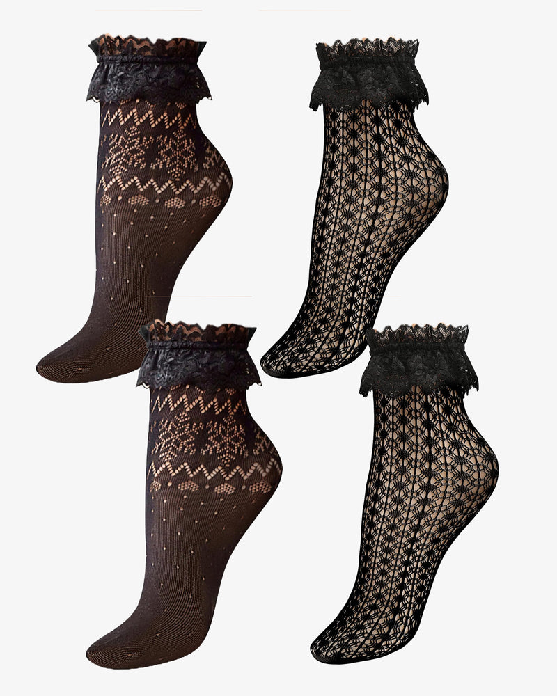 Lace ruffle ankle socks in black, dark brown, and sheer tones, paired