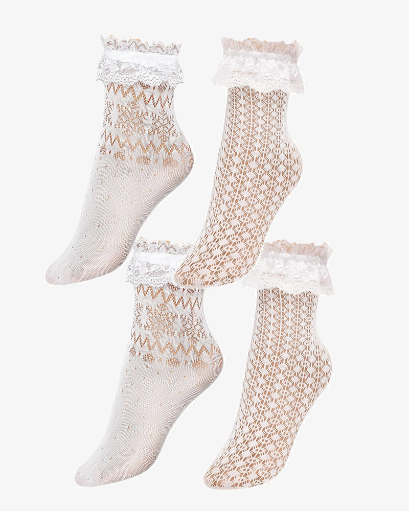White sheer ankle socks with lace ruffle cuffs and geometric diamond pattern