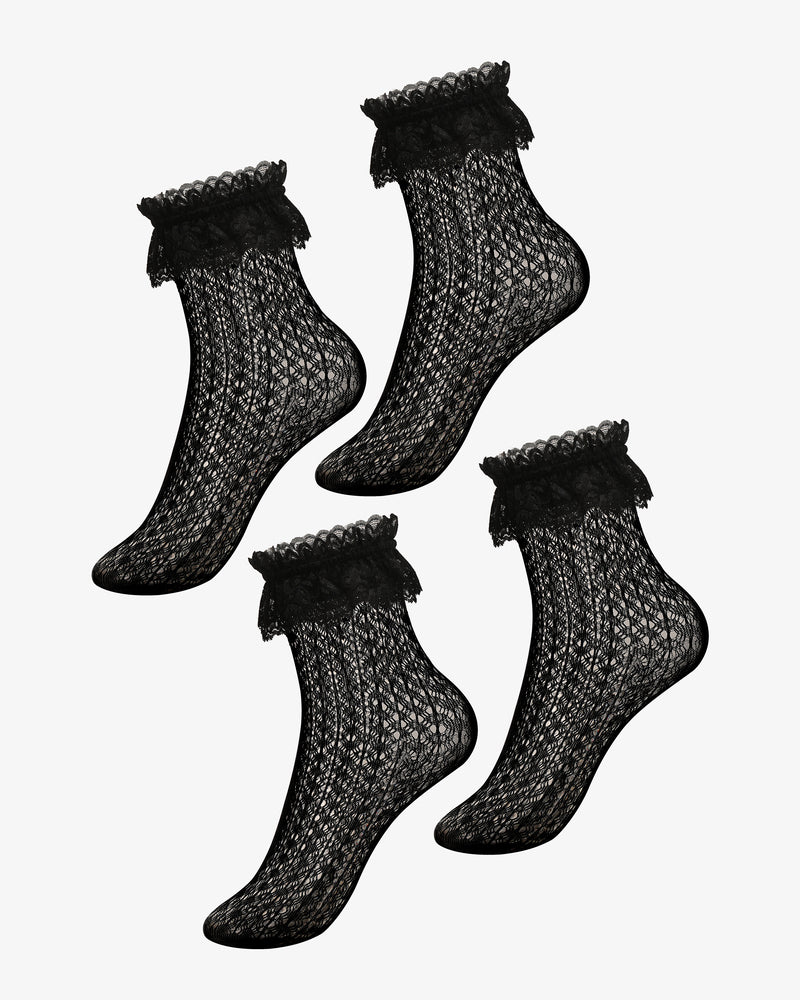 Black lace ruffle ankle socks, sheer knit with diamond pattern