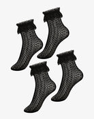 Black lace ruffle ankle socks, sheer knit with diamond pattern