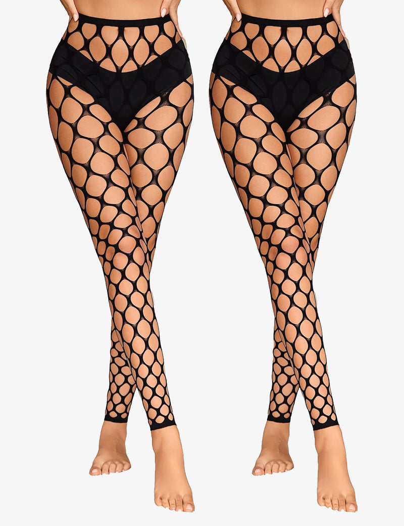 Black fishnet tights with large oval open pattern and high-waist band.