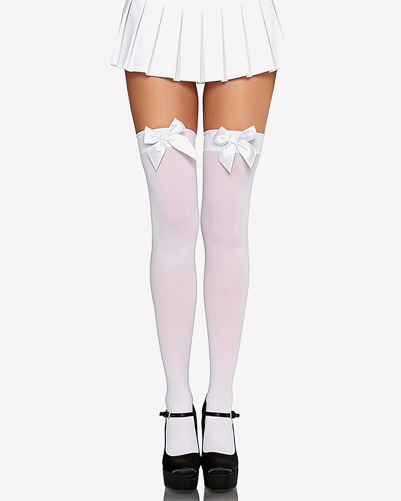 Satin bow thigh-high stockings in white with white satin bows at the top
