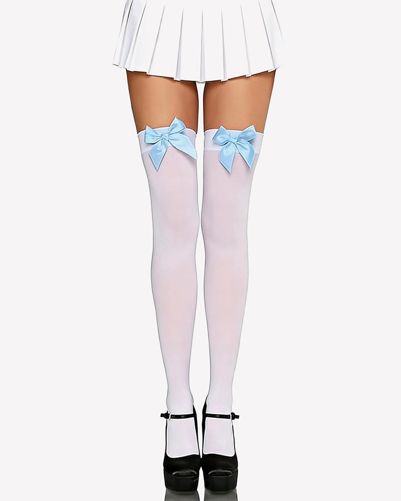 Satin bow thigh-high stockings in white with light blue satin bows at the top