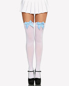 Satin bow thigh-high stockings in white with light blue satin bows at the top