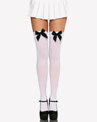 Satin bow thigh-high stockings in white with black satin bows at the top