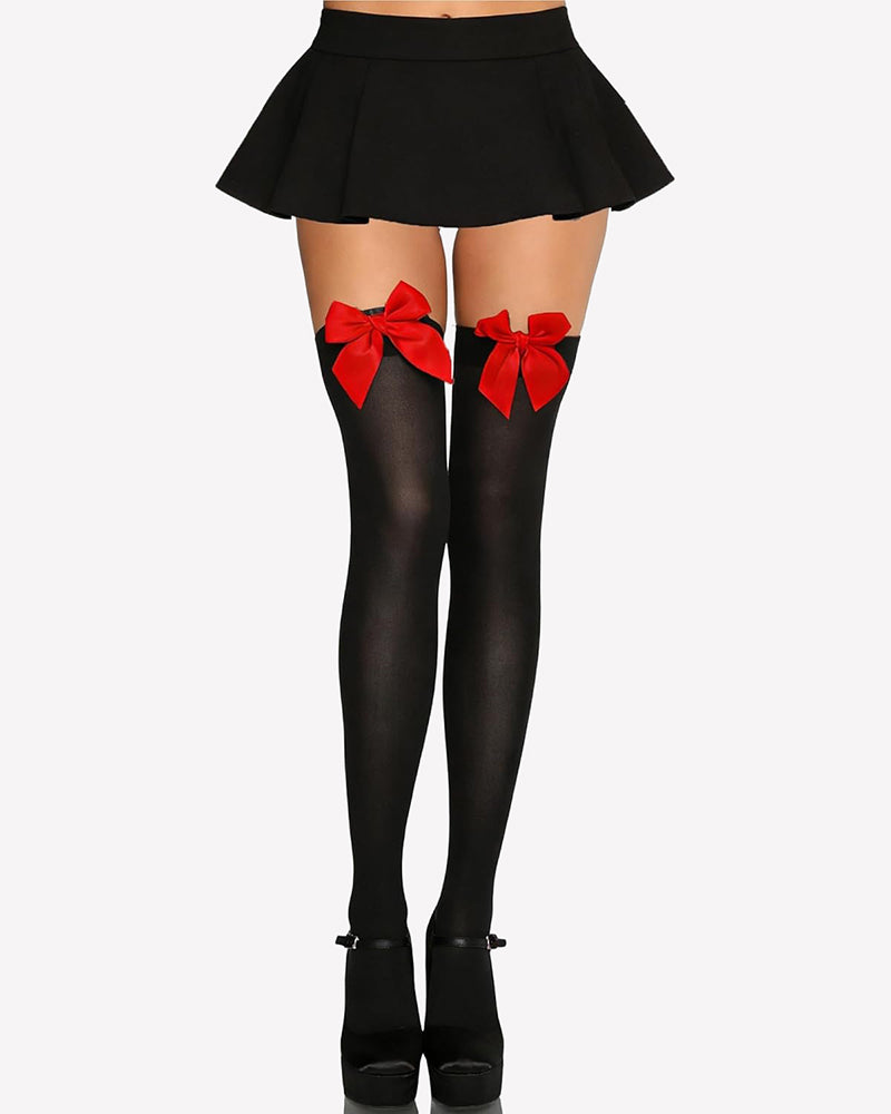 Satin bow thigh-high stockings in black with red satin bows at the top