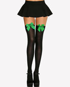 Satin bow thigh-high stockings in black with green satin bows at the top