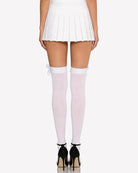 Pale pink satin thigh-high stockings with over-knee bow detail and smooth finish