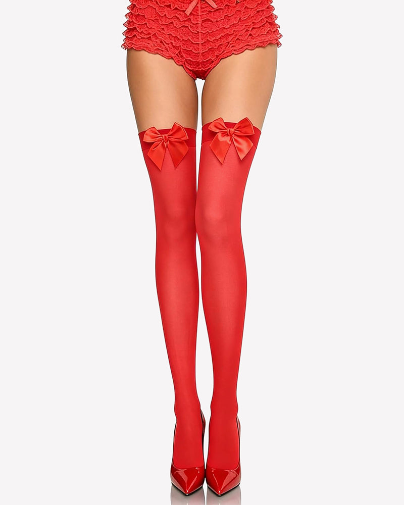 Satin bow thigh-high stockings in red with red satin bows at the top