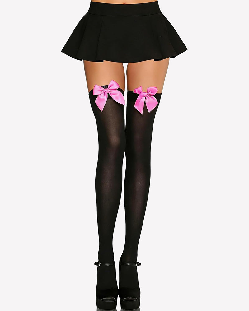 Satin bow thigh-high stockings in black with pink satin bows at the top