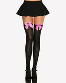 Satin bow thigh-high stockings in black with pink satin bows at the top