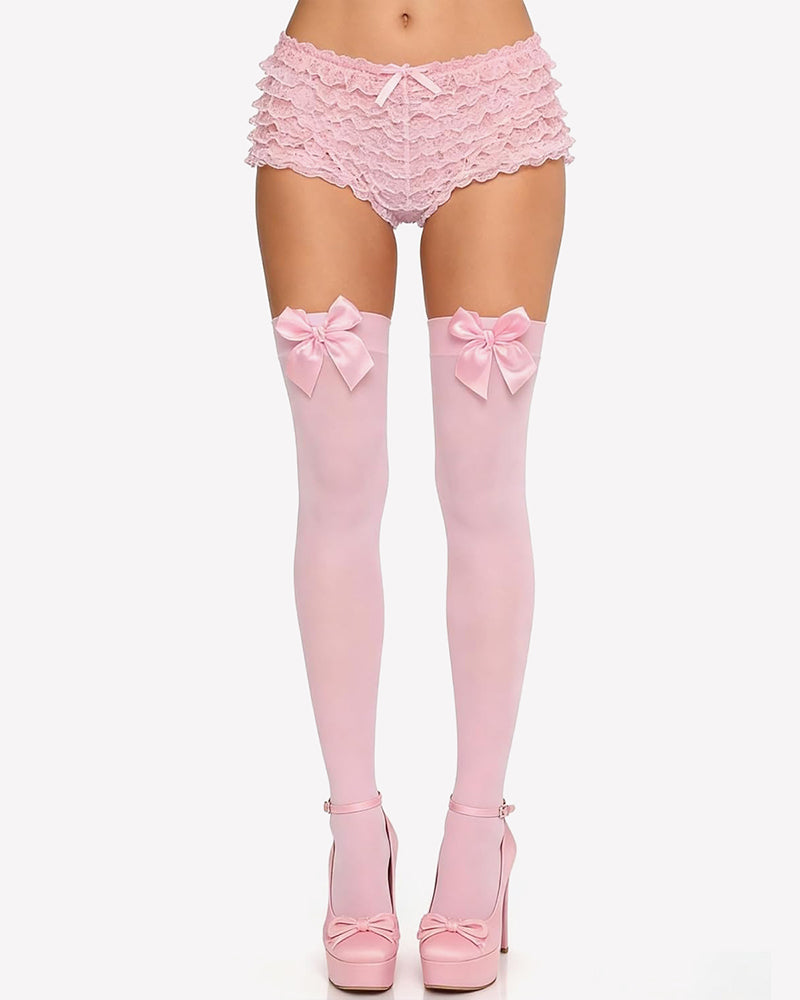 Satin bow thigh-high stockings in light pink with light pink satin bows at the top