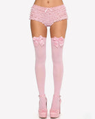 Satin bow thigh-high stockings in light pink with light pink satin bows at the top