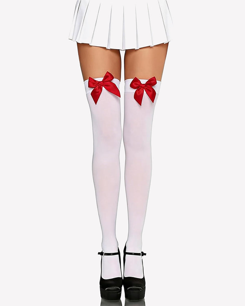 Satin bow thigh-high stockings in white with red satin bows at the top