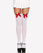 Satin bow thigh-high stockings in white with red satin bows at the top
