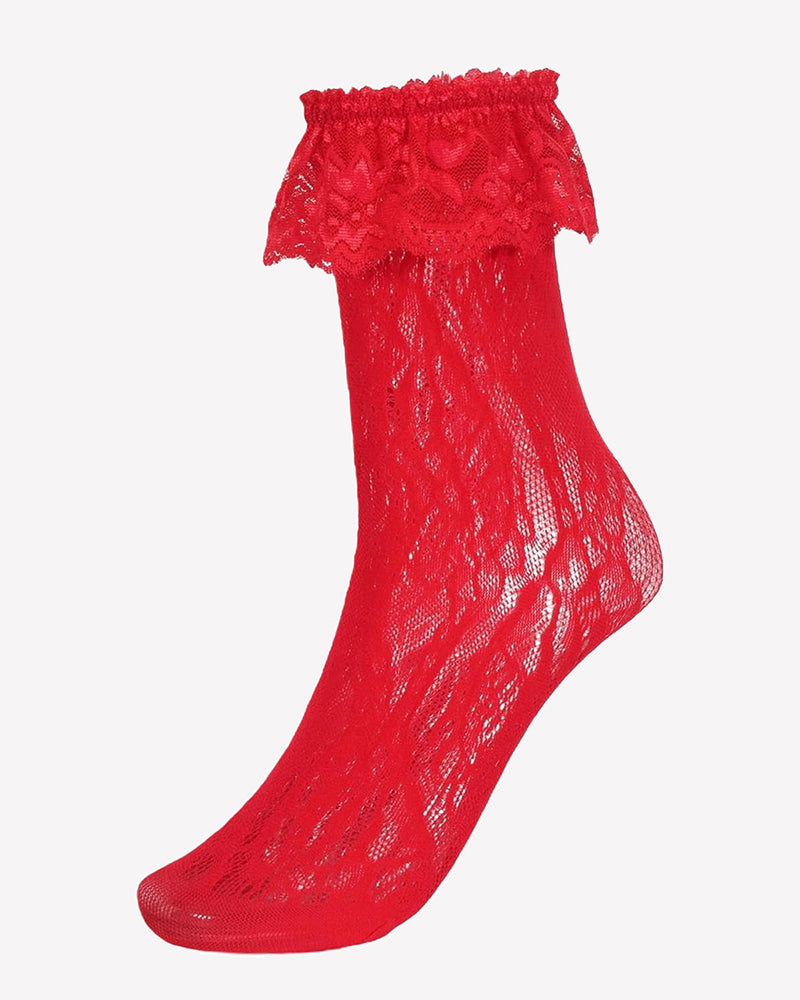 Red lace anklet socks with ruffle cuff, sheer lace knit texture on leg
